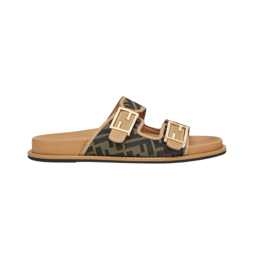 Braune Stoff-Slipper mit FF-Muster