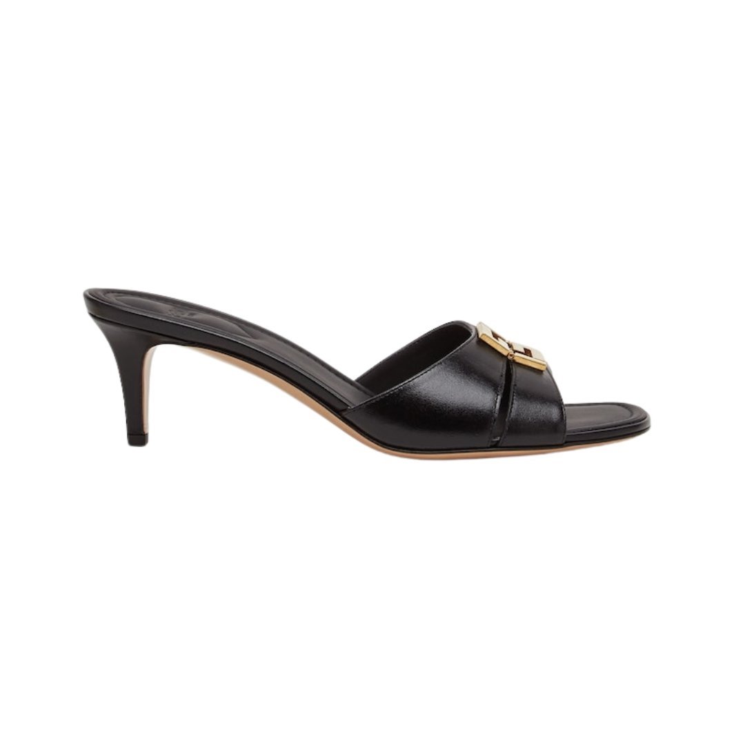 Sandalen aus schwarzem Leder mit mittelhohem Absatz 5.5cm