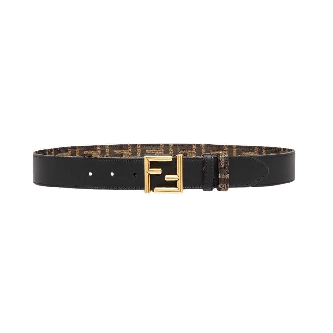 Beidseitiger Gürtel aus schwarzem Leder und Stoff mit FF-Muster 3,8cm