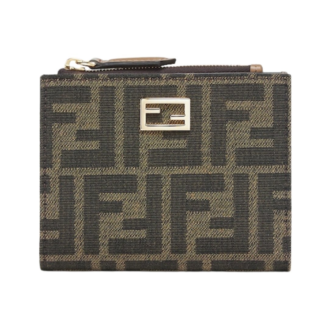 Brieftasche aus Jacquard mit FF-Muster in brauner Farbe 9.5cm