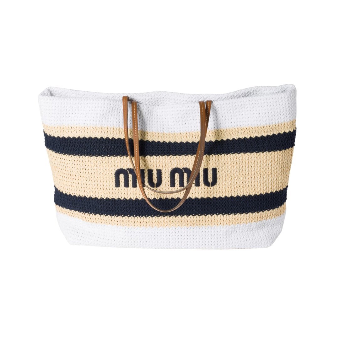 Raffia Tote Hellbraun/Weiß 34 cm