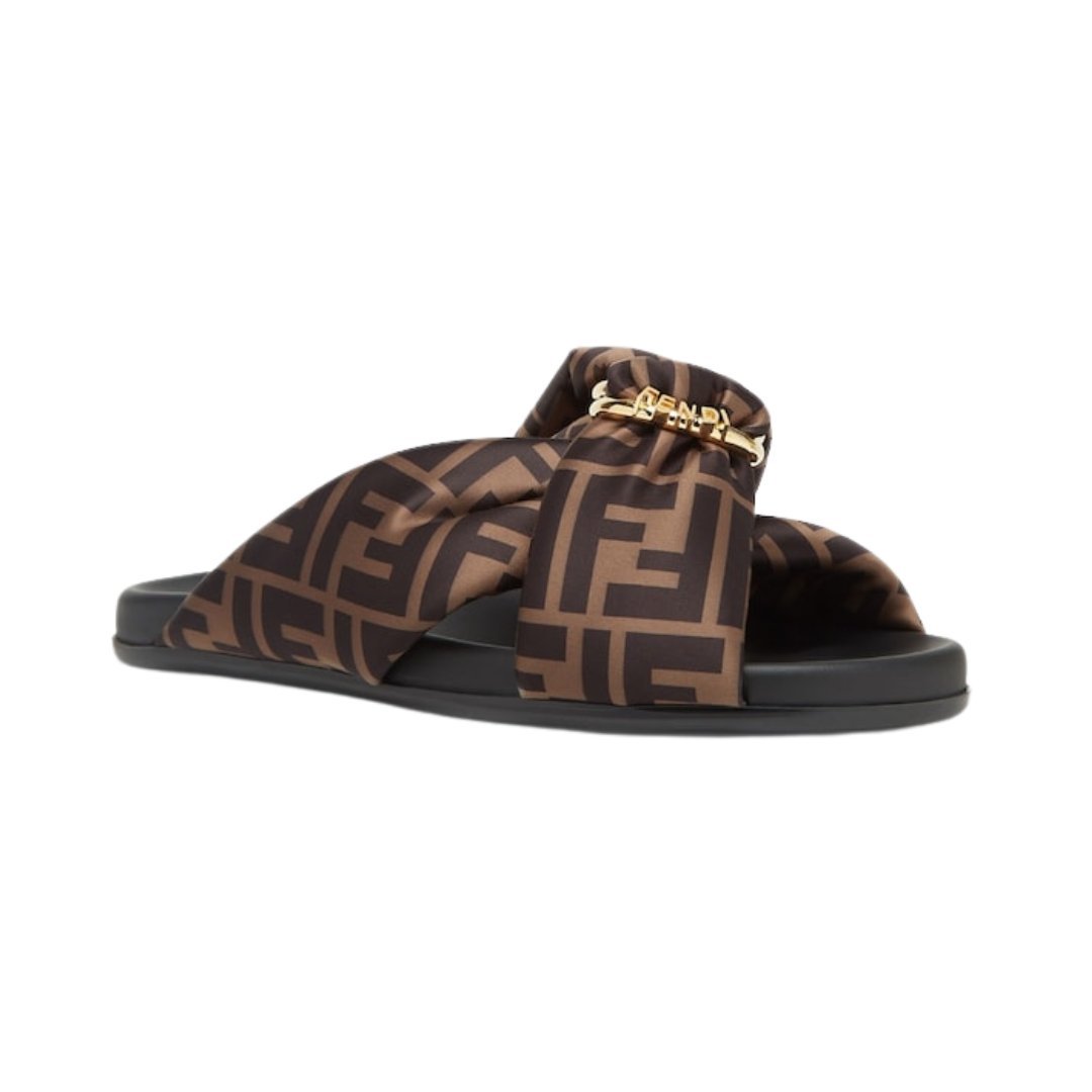 Braune Satin-Pantoffeln mit FF-Muster – Bild 2