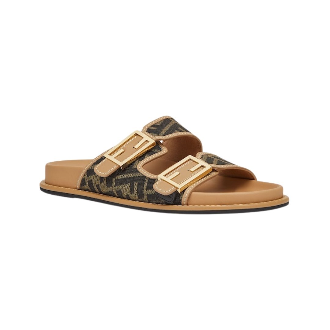 Braune Stoff-Slipper mit FF-Muster – Bild 2