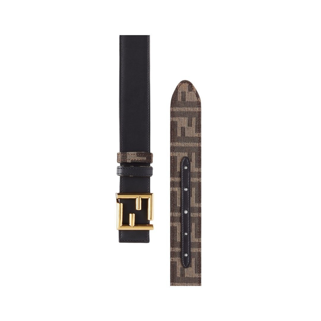 Beidseitiger Gürtel aus schwarzem Leder und Stoff mit FF-Muster 3,8cm – Bild 3