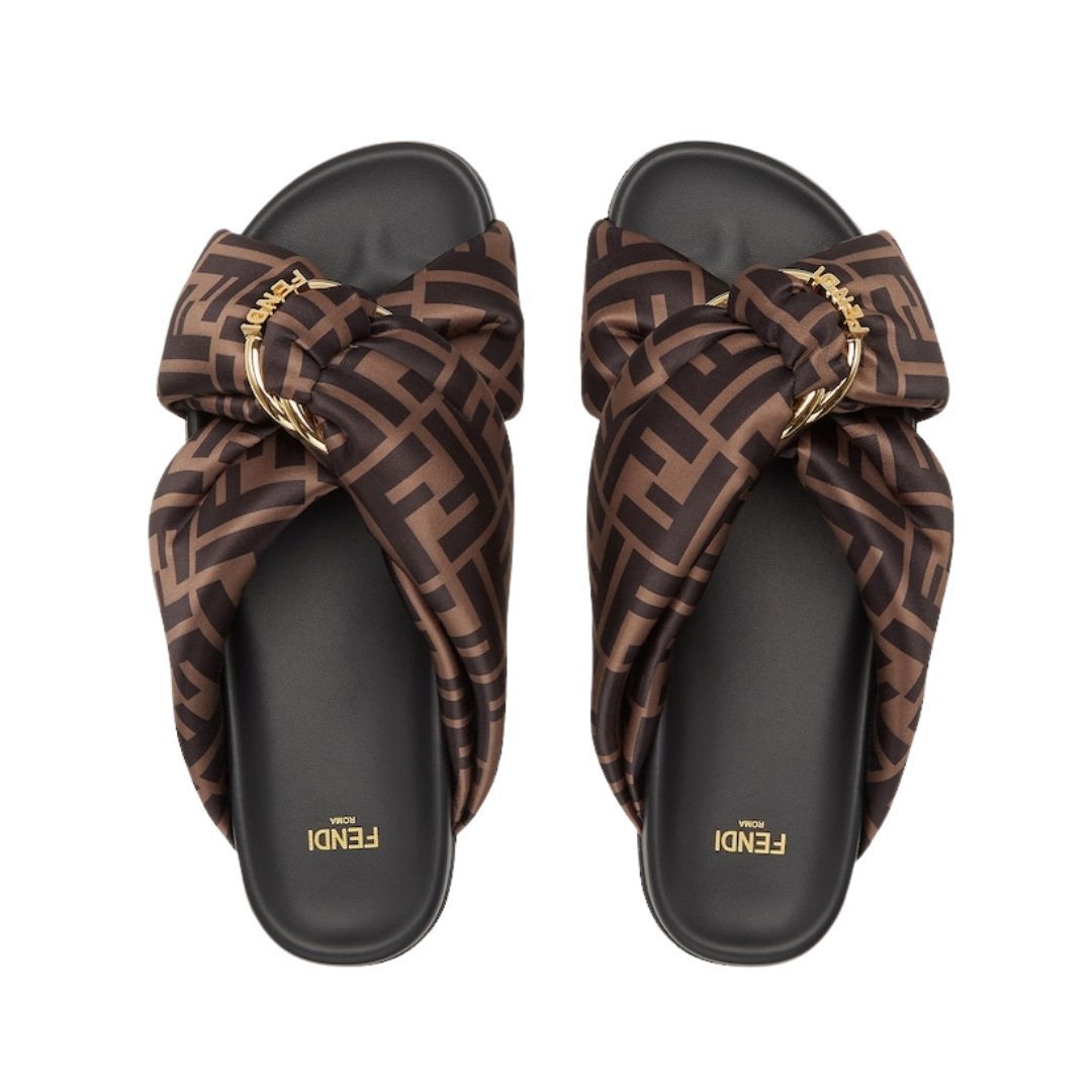 Braune Satin-Pantoffeln mit FF-Muster – Bild 4