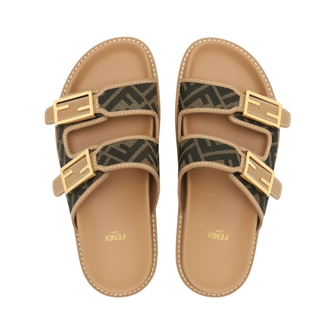 Braune Stoff-Slipper mit FF-Muster – Bild 4