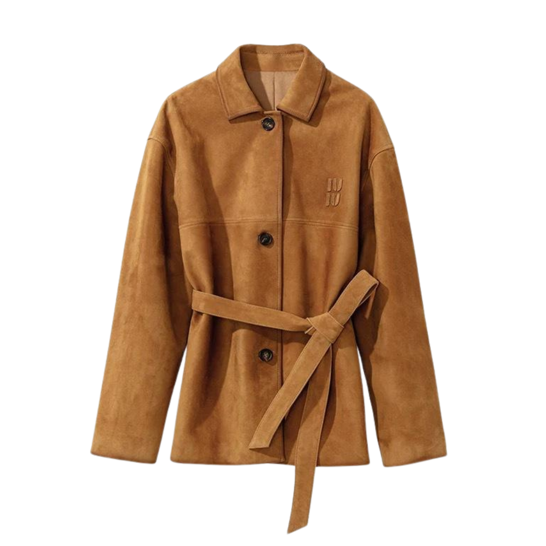 Wildlederjacke mit Gürtel in Kamelbraun