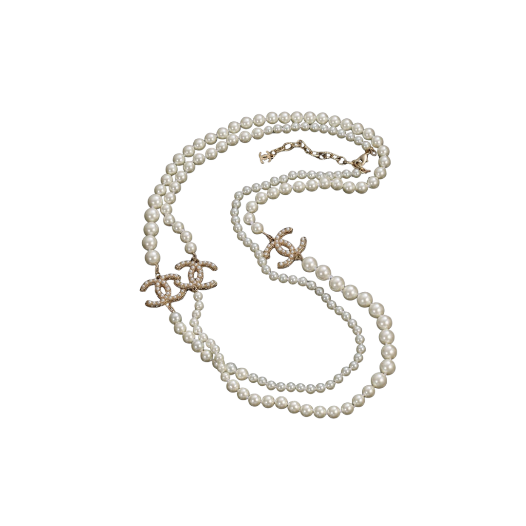Double-Length Pearl Necklace with Interlocking CC Logo Charms