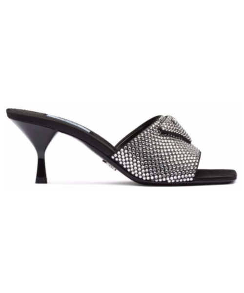 Satin Slides Schwarz mit Kristallen 7,5 cm