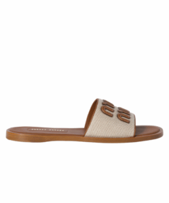 Leinen und Leder Slides Beige/Braun
