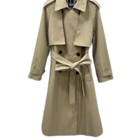 Beige cotton twill double-breasted trench coat.