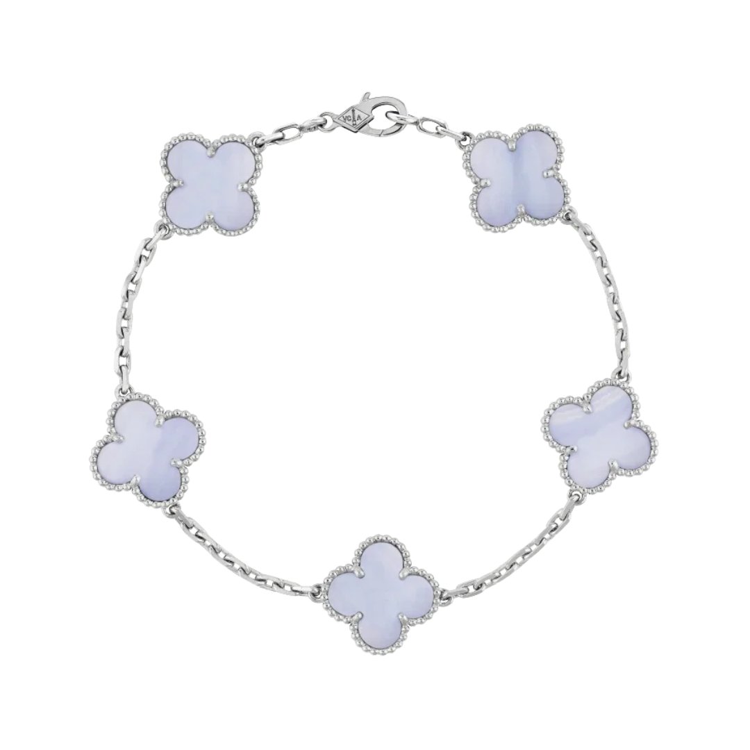Alhambra Bracelet, 5 Motifs, White Gold, Chalcedony