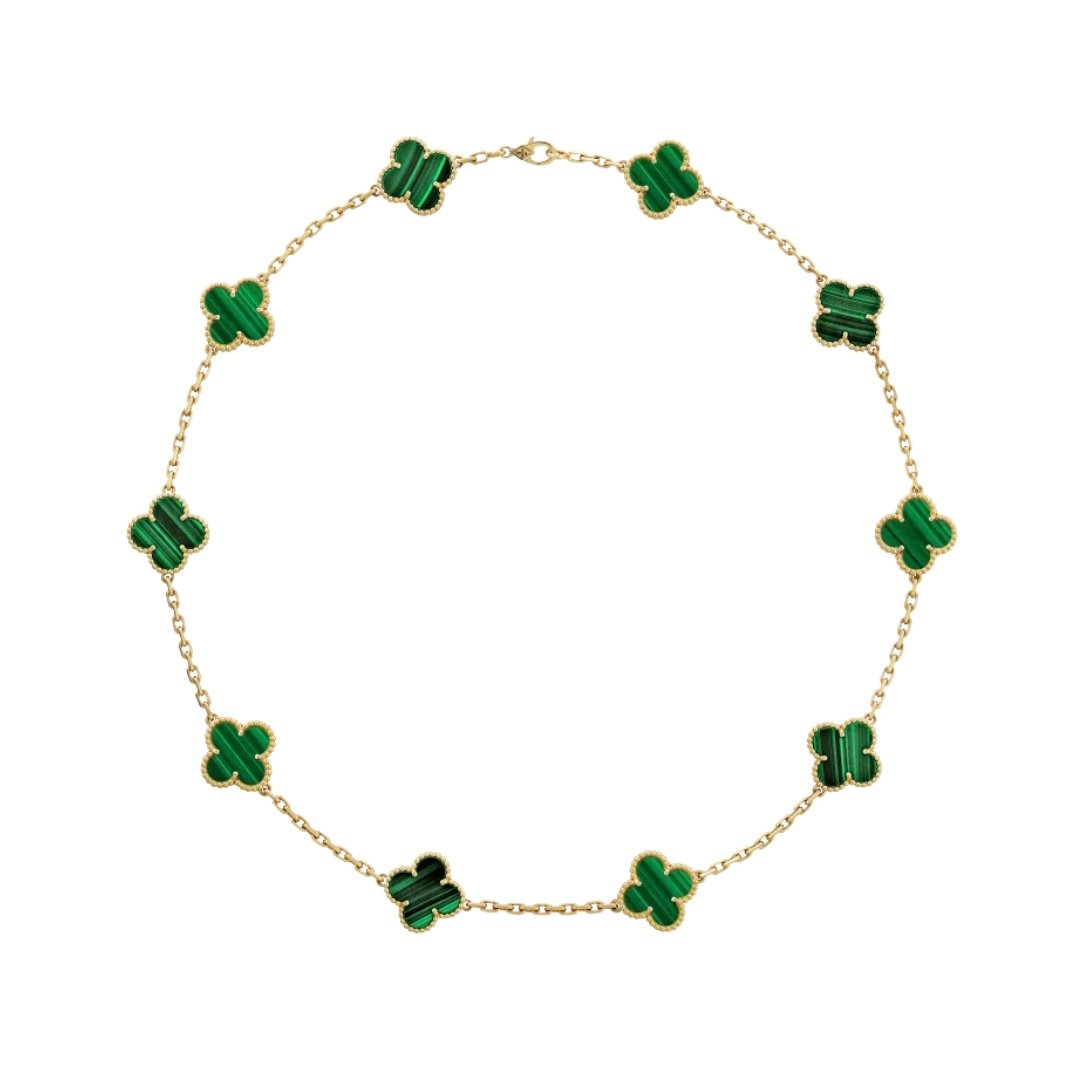 Necklace, 10 Motifs Yellow Gold, Malachite