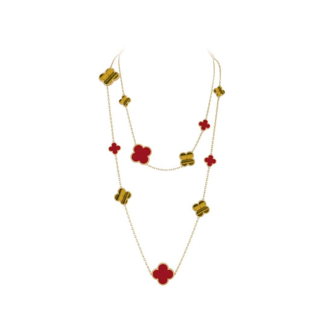 Magic Long Necklace, 16 Motifs Carnelian, Tiger’s Eye