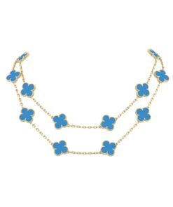 Long Necklace, 20 Motifs Yellow Gold, Blue Agate