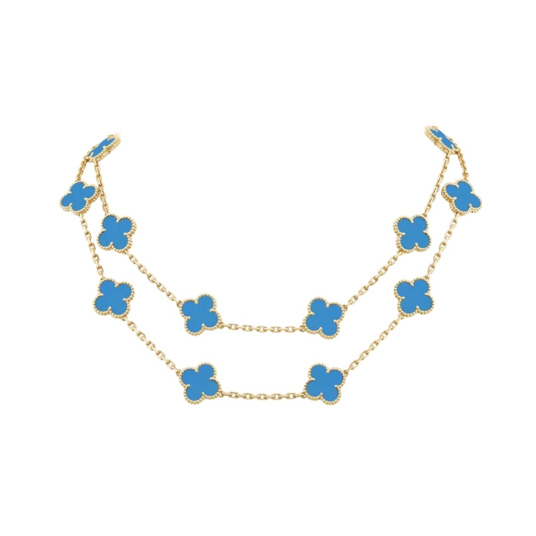 Long Necklace, 20 Motifs Yellow Gold, Blue Agate