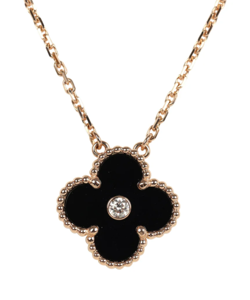 Van Cleef & Arpels 2016 Holiday Vintage Alhambra Pendant Necklace Onyx 18K Rose Gold Hardware & Diamonds – Bild 3
