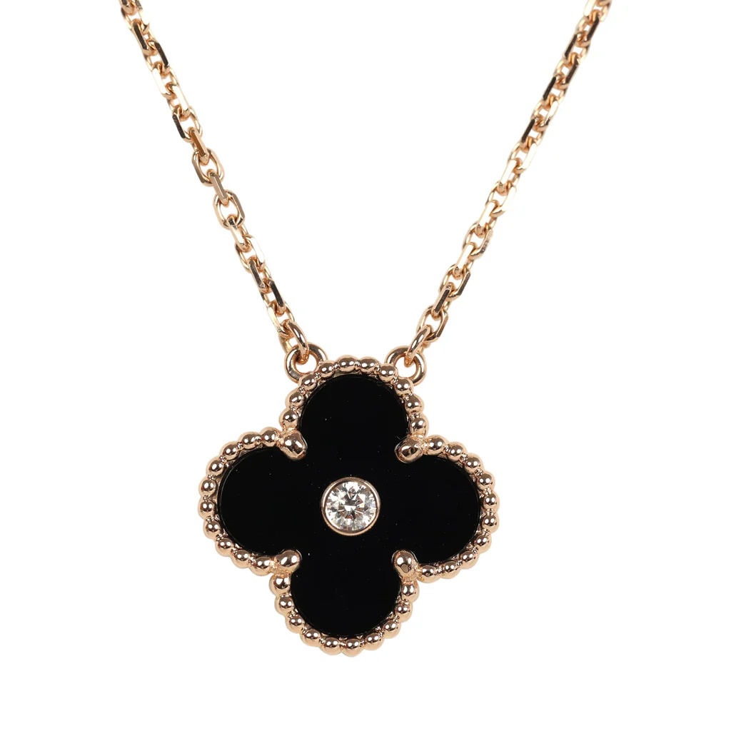 Van Cleef & Arpels 2016 Holiday Vintage Alhambra Pendant Necklace Onyx 18K Rose Gold Hardware & Diamonds – Bild 3