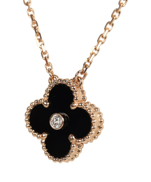 Van Cleef & Arpels 2016 Holiday Vintage Alhambra Pendant Necklace Onyx 18K Rose Gold Hardware & Diamonds – Bild 5
