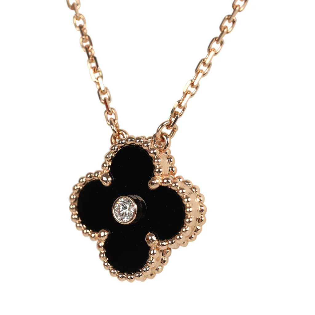 Van Cleef & Arpels 2016 Holiday Vintage Alhambra Pendant Necklace Onyx 18K Rose Gold Hardware & Diamonds – Bild 5