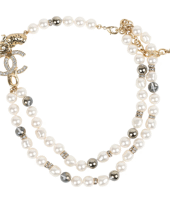 Chanel Layered Pearl, Gripoix, and Strass Gold Metal Fish Head Logo Necklace