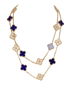 Van Cleef & Arpels "Vendome" Vintage Alhambra 20 Motif Long Necklace Blue Sevres Porcelain 18K Yellow Gold Hardware & Diamonds