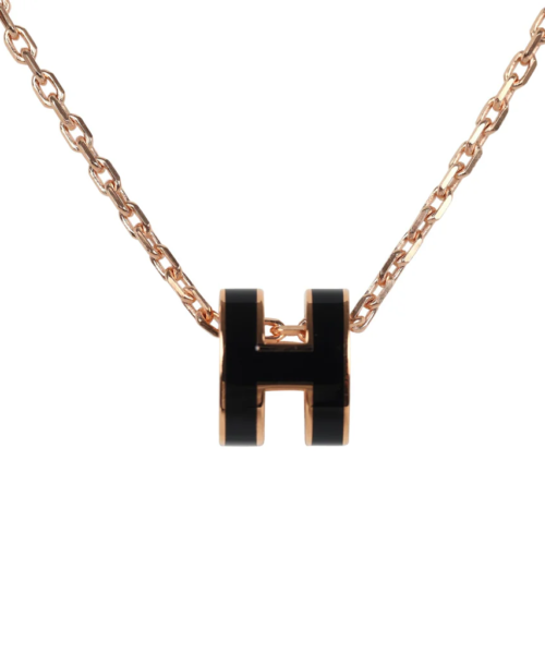 Alternative view of Hermès Mini Pop H Pendant Necklace Black Enamel Lacquered Rose Gold Hardware