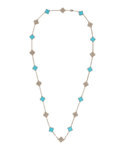 Van Cleef & Arpels Vintage Alhambra 20 Motif Necklace Turquoise Diamonds & Yellow 18K Gold Hardware