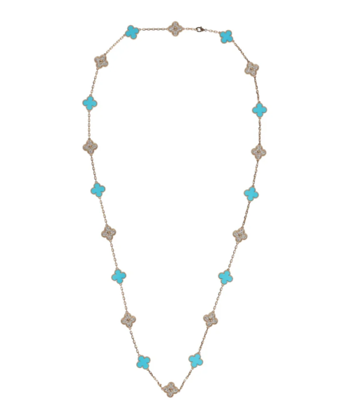 Van Cleef & Arpels Vintage Alhambra 20 Motif Necklace Turquoise Diamonds & Yellow 18K Gold Hardware