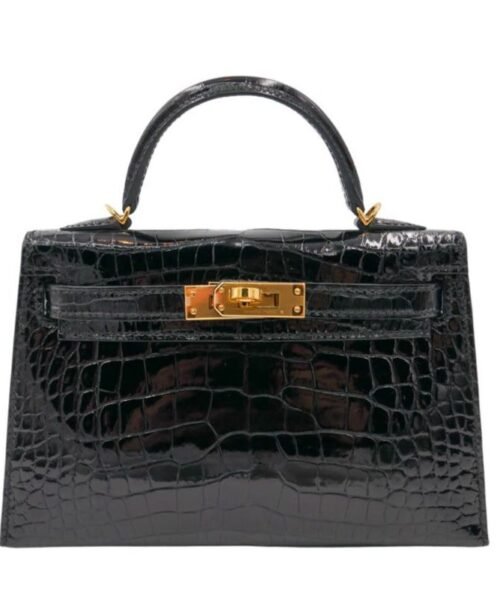 HERMES Mini Kelly de Black Alligator Shine Gold Hardware