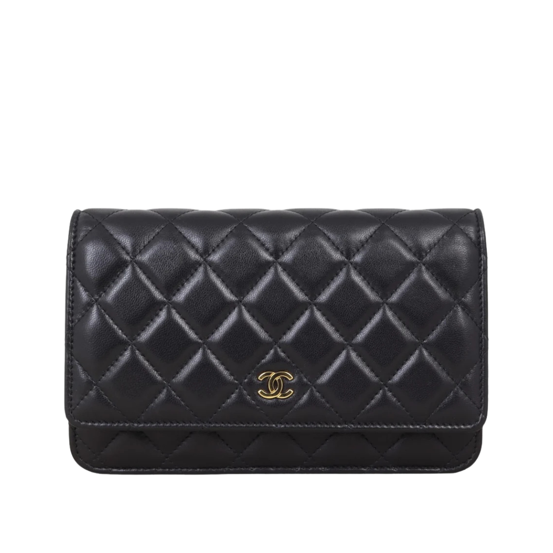 Classic Wallet on Chain Lammleder Schwarz/Gold 19 cm